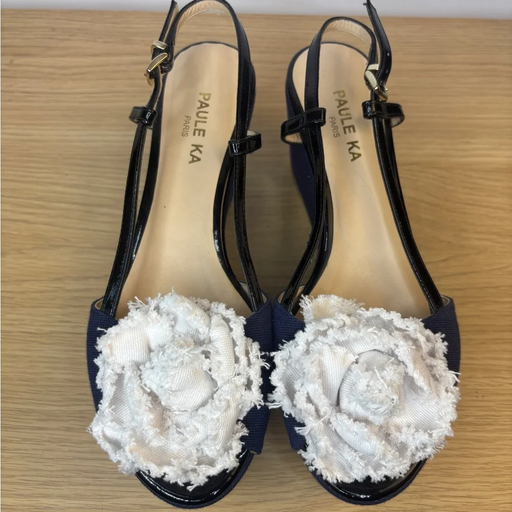 Paule Ka Women's Blue Denim Look and White With Black‎ Straps Wedge Sandals